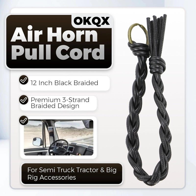 OKQX 12 Inch Black Braided Air Horn Pull Cord Replacement - Heavy Duty Synthetic Leather Lanyard for Semi Truck, Tractor & Big Rig Accessories - Image 2